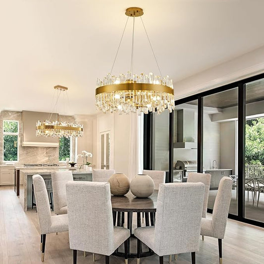 CROSSIO Modern Crystal Chandelier for Dining Room, 12-Light Luxury Gold Flush Mount Crystal Ceiling Light 2-Tiers K9 Crystal Raindrop Chandelier for Living Room Kitchen Entryway Foyer D23.6''
