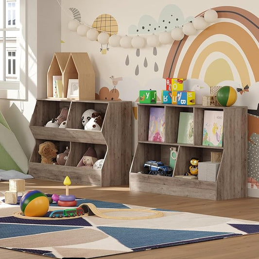 DINZI LVJ Toy Storage Organizer, Kids Bookshelf, Wood Toy Storage Cabinet, 5 Cubby Children Bookcase, 39.4" L Toddler Book Shelf for Playroom, Living Room, Nursery, Hallway, School, Greige