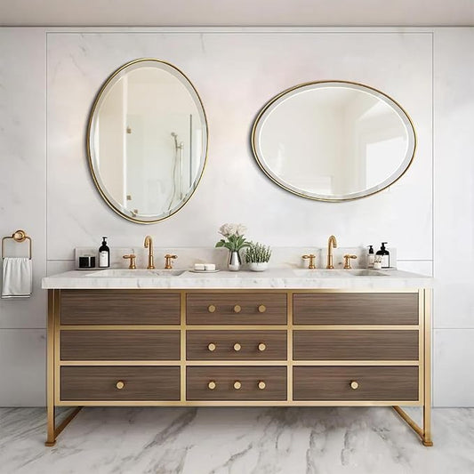 POZINO Vanity Beveled Mirrors, 22"x30" Oval Mirror for Over Sink, Modern Brass Mirror with Stainless Steel Frame, Brush Gold Rounded Mirrors for Bathroom Bedroom Living Room, Horizontal Or Vertical 