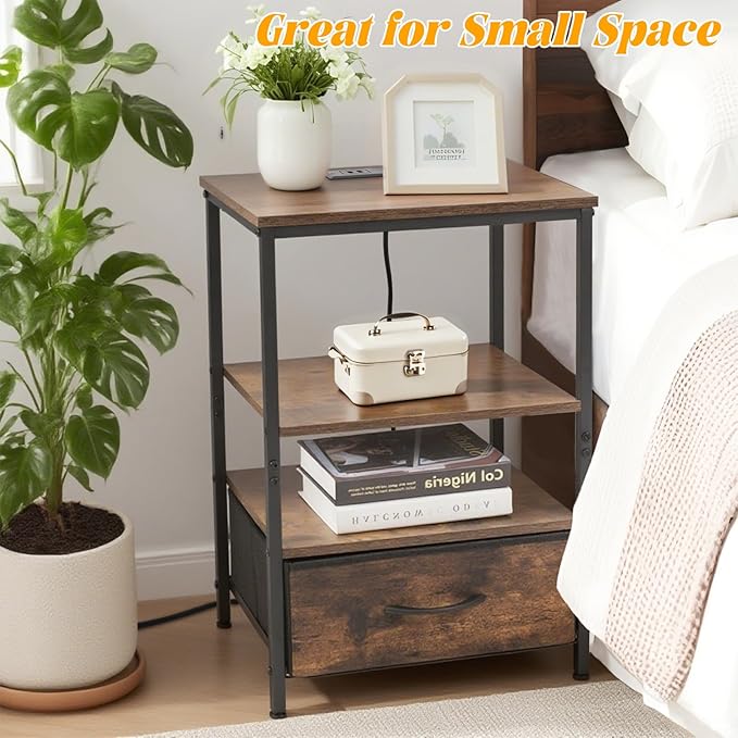 Night Stand with Charging Station, Bedside Table with Adjustable Fabric Drawers, End Table with LED Lights, Side Table with USB Ports Open Shelf for Bedroom, Brown