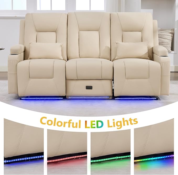 URRED Power Loveseat Recliner Sofa with Console, Wall Hugger Reclining Loveseat RV Couch with LED Light, 150° Zero Gravity Recliners Modular Couches for Living Room (Beige, 77.3'' - 3 Seats)