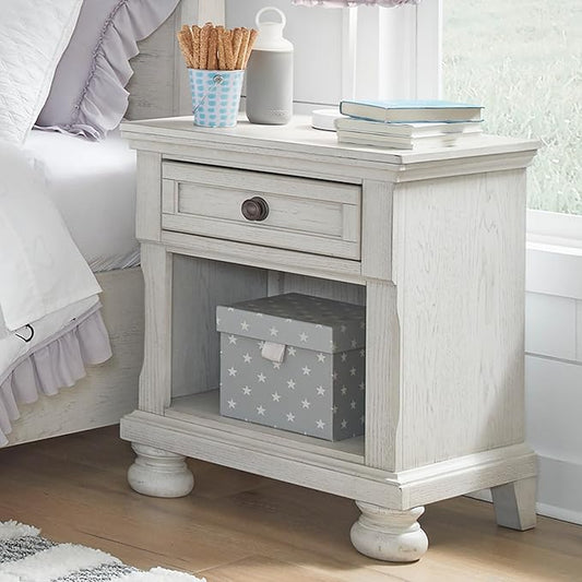 Signature Design by Ashley Robbinsdale Coastal 1-Drawer Nightstand with Cubby Storage, 26.75" Tall, White