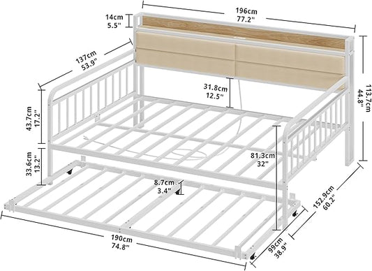 LIKIMIO Daybed with Trundle, Sturdy Metal Full Size Bed Frame with Upholstered Headboard and Charging Station for Living Room, Bedroom and Guest Room, White