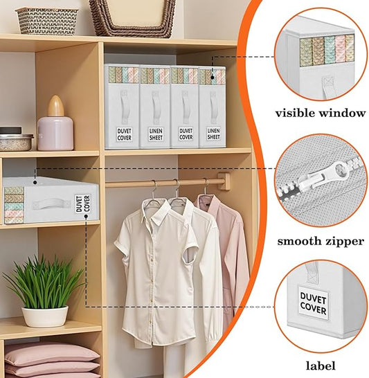 WOWBOX Sheet Organizers and Storage,Closet Bed Sheet Organizer Under Bed Storage and Organization with Label Cards & Clear Window for Bedding Sheets,Duvet Covers,Blankets (3 Pack,White)
