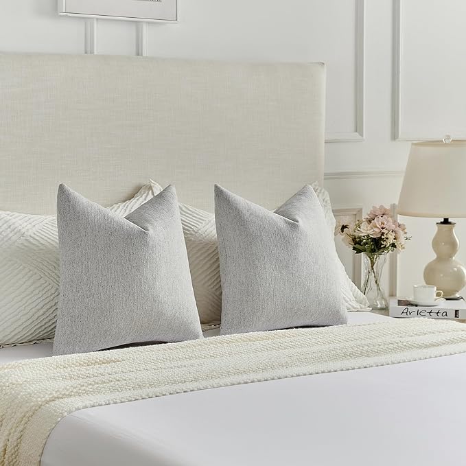 FUTEI Light Grey Chenille Decorative Throw Pillow Covers 22x22 Inch Set of 2,Soft Cozy Faux Linen Textured Cushion Case,Farmhouse Home Decor for Couch Living Room