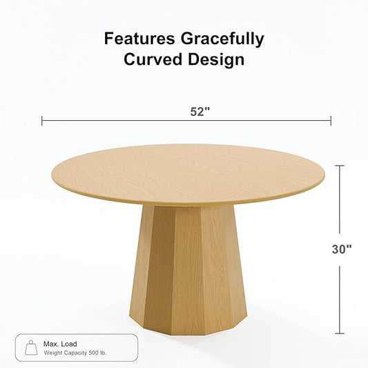 Casaphoria 52" Round Dining Table, Modern Wood Kitchen Table with Cone Shaped Strip Polygonal Base for Living Room & Dining Room, Easy Assembly Farmhouse Furniture for 4-6, Oak