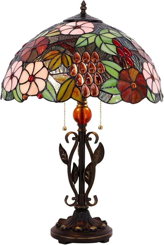 Tiffany Table Lamp Grapes Stained Glass Desk Reading Light 16X16X24 Inch Metal Leaf Base for Bedroom Living Room Home Office
