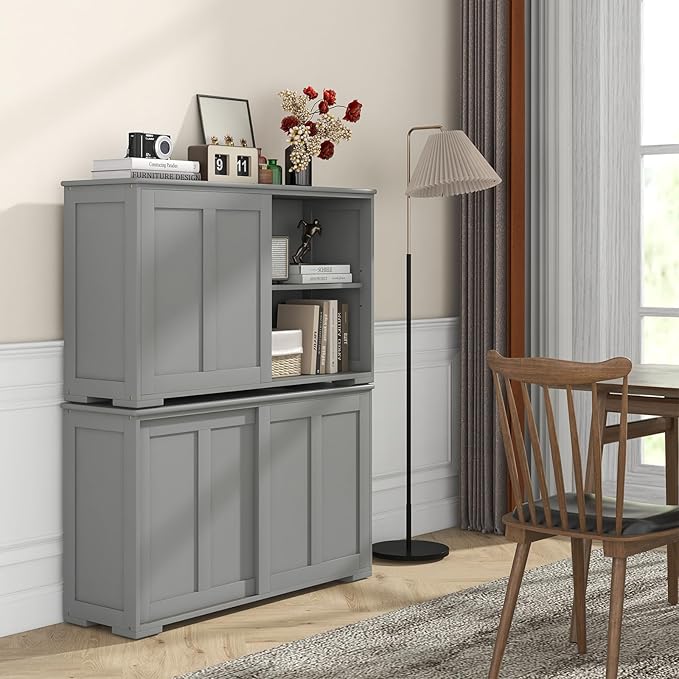 Giantex Set of 2 Buffet Cabinet, Coffee Bar Wine Cabinet, Farmhouse Accent Sideboard with Sliding Door, Adjustable Shelves, Cupboard, Storage Cabinet for Kitchen Entryway, Grey