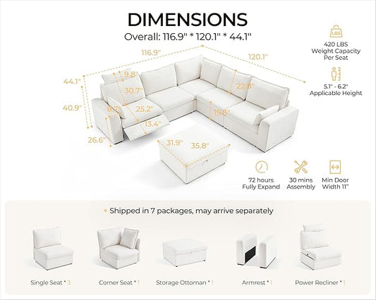 Oversized Modular Sectional Sofa with Power Recliner, Plush Cloud Couch with Headrest, Convertible Deep L-Shaped 6 Seater with Corner and Storage Ottoman, Chenille, White