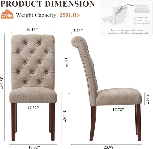 Upholstered Tufted Dining Room Chairs Set of 2, Parsons Kitchen Chairs with Padded Seat and Solid Wood Legs, Fabric Accent Side Diner Chair for Dining Room/Kitchen/Living Room, Camel