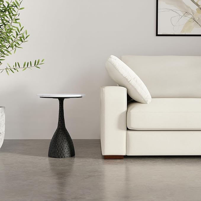 SIMPLIHOME Myles Side Table – 16 inch Wide Powder‑Coated Aluminum and Genuine Marble Top Table in Black/White, Contemporary Industrial Accent Table for Living Room or Bedroom
