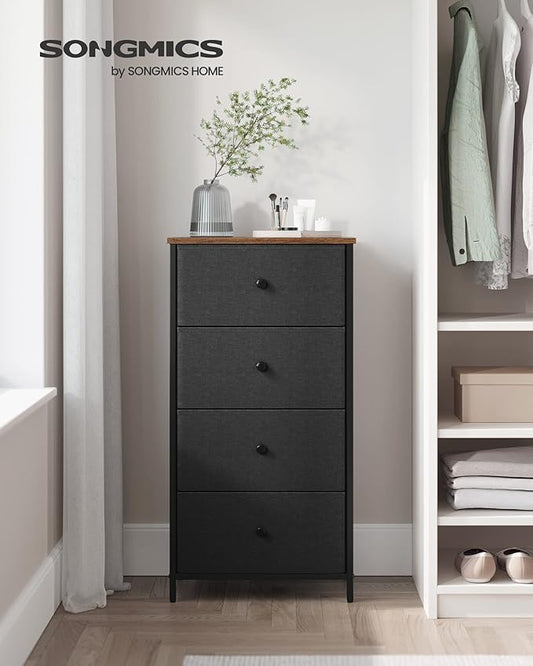 SONGMICS Dresser for Bedroom, Fabric Dresser with 4 Drawers, Metal Frame, Small Chest of Drawers, Black and Rustic Brown ULTS314B01
