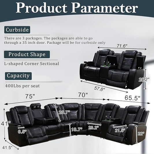 Power Recliner Sectional Sofa Set, Black Leather Sectional Couch and Loveseat for Living Room, L Shape Reclining Sofa with Cup Holder, Hidden Storage, Drop-Down Table for House(8 Seat)