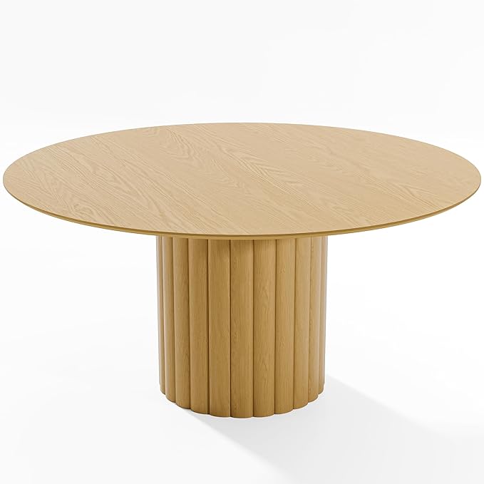 Casaphoria 60" Round Dining Table, Modern Wood Kitchen Table with Cylindrical Wide Bar Protruding Base for Living Room & Dining Room, Easy Assembly Farmhouse Furniture for 4-6, Oak