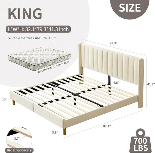 YUHUASHI upholstered Platform Bed Frame/King Bed Frame/Modern Geometric Double-Wing Design headboard/Velvet Fabric/Easy to Assemble no Noise (Cream, King (U.S. Standard))