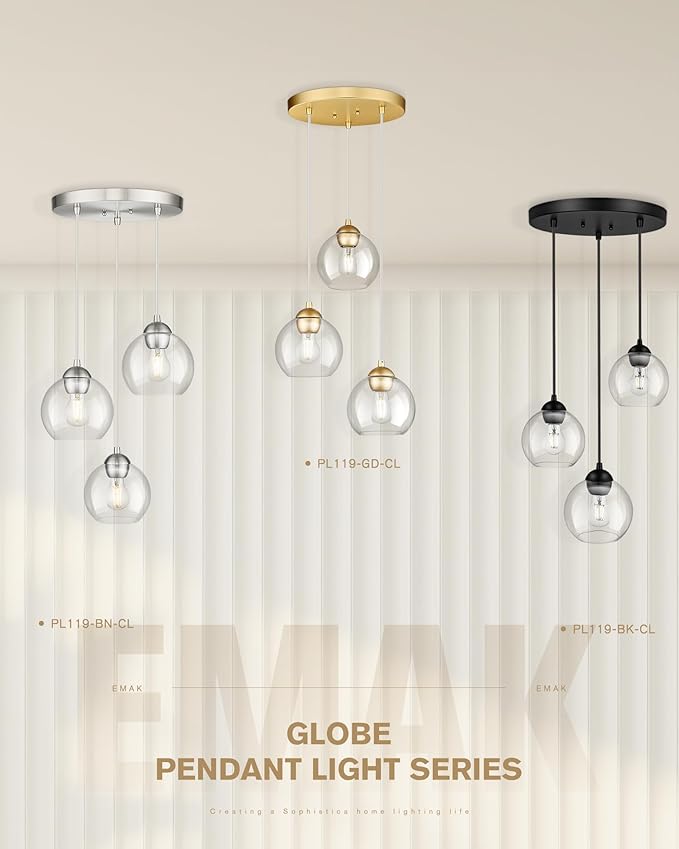 Emak Brushed Nickel Pendant Light, 3-Light Pendant Lights Kitchen Island with Clear Glass Shade, Cluster Globe Hanging Light Fixture for Kitchen, Bedroom, Bathroom, Dining Room, PL119-BN-CL