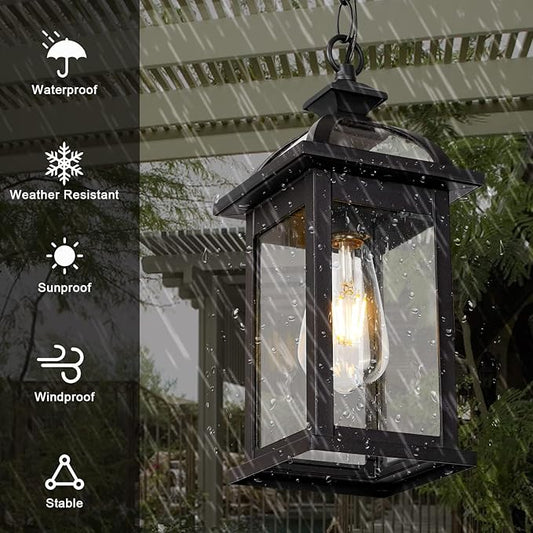 Darkaway Outdoor Pendant Light Fixture Lantern, Hanging Porch Light with Glass Aluminum Outdoor Pendant Lights for Porch, Patio, Entryway (2 Pack, Black)