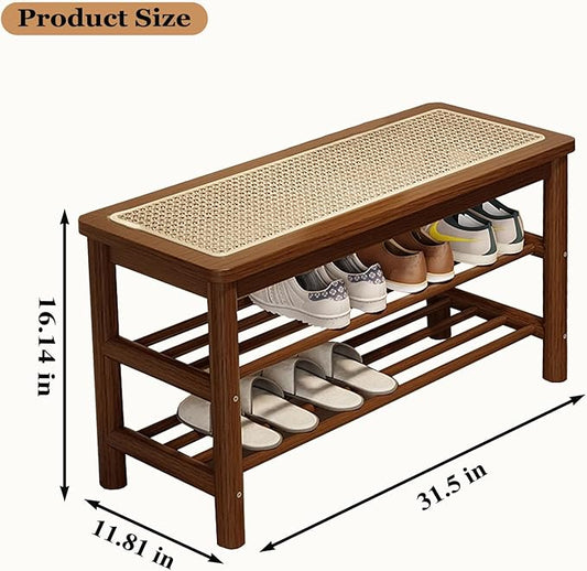 Bamboo Shoe Rack Bench with Rattan Seat, 3-Tier Shoe Storage Bench, Entryway Bench for Hallway, Walnut-31.5 inches