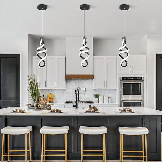 Modern Led Pendant Light Fixture, 15W Black Spiral Led Chandelier Hanging Lamp, 4500K Daylight White Pendant Lamp, Adjustable Height Pendant Light for Kitchen Dining Room Bedroom Kitchen Island Cafe