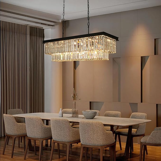 Crystal Chandeliers for Dining Room Light Fixtures Over Table,15-Lights Black Modern Rectangle Chandeliers for Kitchen Island Bar L40 Inch