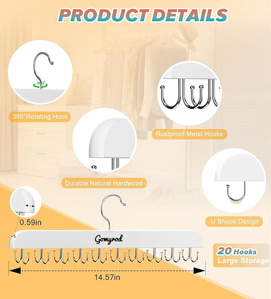 Bra Hanger for Closet, 1 Pack Tank Top Hanger w/20 Hooks Capacity Foldable Wood Space Saving Hangers, 360°Rotating Closet Organizers and Storage for Dorm & Apartment for Bra Scarf Ties(White)
