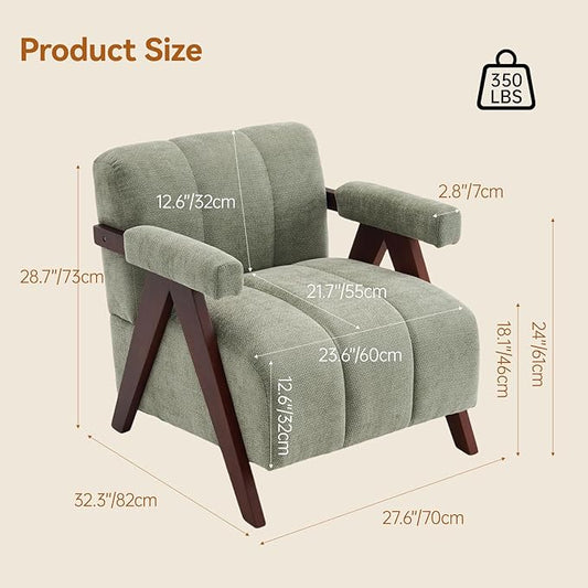 Accent Chairs Set of 2 Mid-Century Modern with Wide Backrest for Bedroom, Upholstered Living Room Chair with Wooden, Lounge Armchair with Thick Cushion, Cute Chenille Comfy Chair, Sage