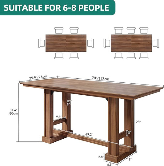 YITAHOME 70" Dining Table for 6–10 People, Farmhouse Rectangular Kitchen Table with Thick Base for Dining Room, Living Room, and Kitchen, Dark Walnut