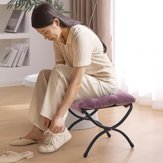 Welnow Folding Foot Stool, Upholstered Small Accent Ottoman with Detachable Thick Cotton Cushion Padded Sofa Stool and Metal Frame for Lazy Chair, Living Room, Bedroom, Plush Purple