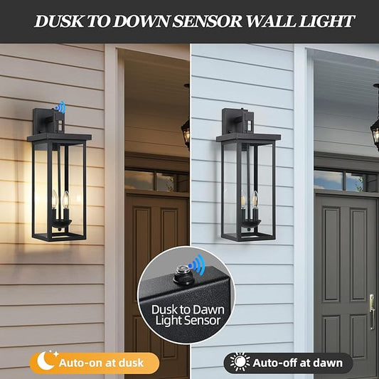 Large Exterior Lighting Fixtures Modern Wall Lantern,Outdoor Wall Lights with Clear Glass Shade,Outdoor Lamps for Patio Porch,Waterproof Outside Exterior Lights,Dusk to Dawn 22IN-1 Pack