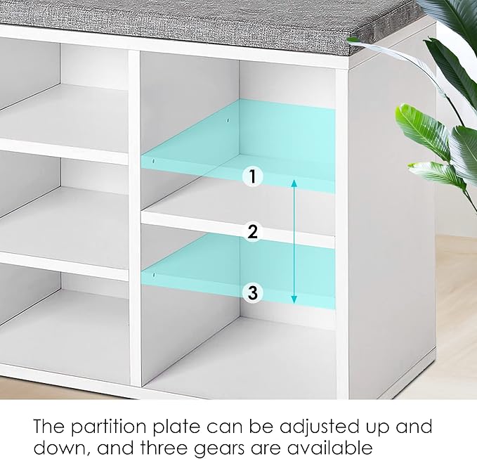 PayLessHere Shoe Bench Storage Bench Entryway Bench Shoe Storage Organizer, 11.8 x 40.9 x 20.7 Inches, with Cushion and 10 Adjustable Compartments for Living Room Entryway Hallway Bedroom