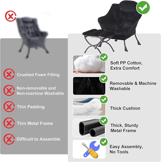 Lazy Chair with Ottoman, Modern Chair with Folding Footrest, Plush Black Accent Chair, Comfortable Reading Chair, Oversized Armchairs for Bedroom, Study, Living Room, Courtyard