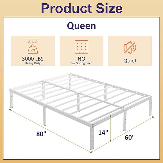 14 Inch Queen Bed Frame No Box Spring Needed, Heavy Duty Metal Bed Frame Queen Size with Large Underbed Storage Space, Noise Free, Easy Assembly, White