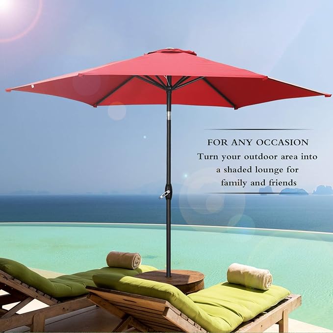 HYD-Parts 9FT Patio Umbrella Outdoor Table Umbrella,Market Umbrella with Push Button Tilt and Crank for Garden, Lawn, Deck, Backyard & Pool, with a Base (Red)