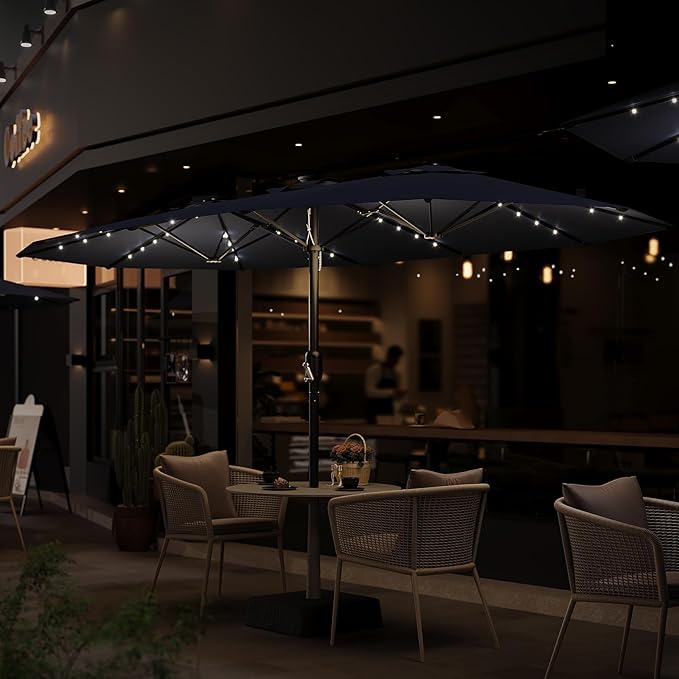 GarveeLife 15 FT Patio Umbrella with Base Included, Patio Table Umbrella with solar lights, 10 Sturdy Ribs UV Protection Waterproof for Garden, Pool, Deck, Backyard (Navy)