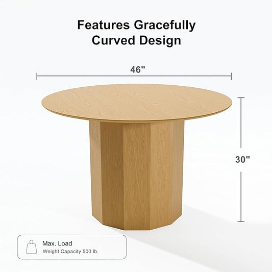 Casaphoria 46" Round Dining Table, Modern Wood Kitchen Table with Cylinder Polygonal Base for Living Room & Dining Room, Easy Assembly Farmhouse Furniture for 4-6, Oak