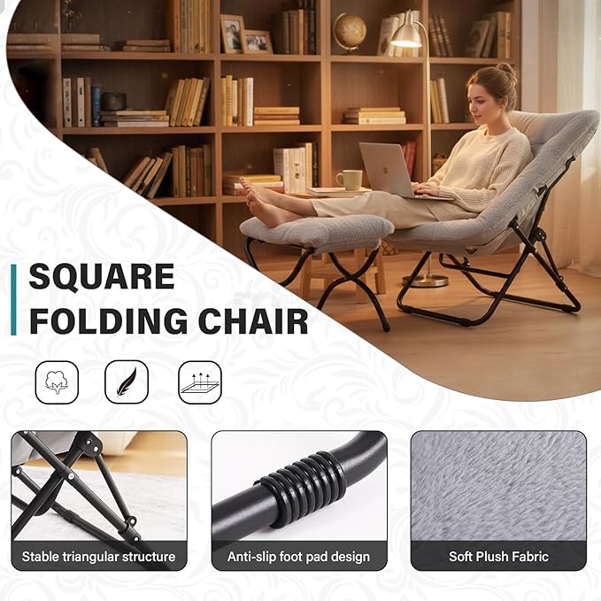 Tiita Folded Chair with Ottoman, Soft Faux Fur Oversized Folding Accent Chair,Lazy Chair, Metal Frame Moon Chair for Bedroom, Living Room, Dorm Rooms, Garden and Courtyard