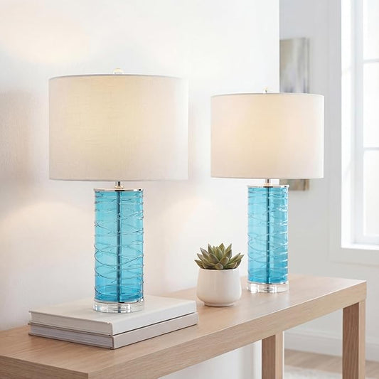 JONATHAN Y 27.5" Turquoise Modern Fused Glass Table Lamp Set of 2 for Bedroom Living Room, Coastal Nightstand Bedside Lamp with White Linen Shade, LED Bulbs Included JYL4016A-SET2