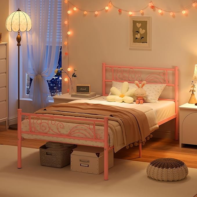 Weehom Twin Bed Frames Metal Platform Heavy Duty Steel Slat Under Bed Storage for Kids Pink