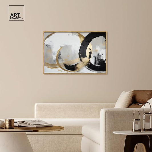 Art Remedy Another Dimension Canvas Modern Black White Abstract Wall Art, Gold Frame, 45" x 30"