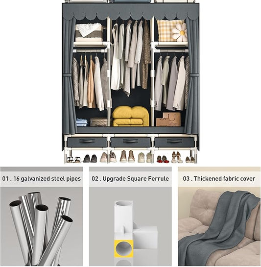 Portable Armoire Wardrobe Closet with 3 Drawers and 3 Hanging Rods,Cloth Closet Wardrobe Cabinet for Hanging Clothes,Grey Cover,for Clothing,Bedding,51 in Width
