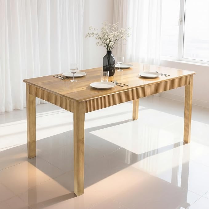 55" Solid Wood Dining Room Table for 4-6,Modern Farmhouse Rectangular Kitchen Real Wooden Table,Mid Century Fluted Design Large Furniture Desk for Home,Apartment,Living Room Nature