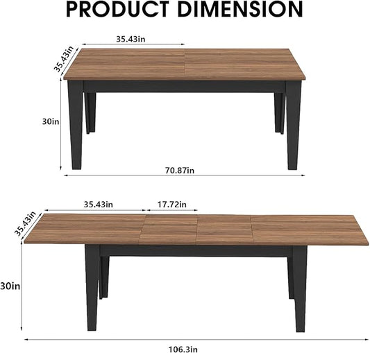 71" to 106" Expandable Dining Table, Modern Large Table for 6-10 People, Space-Saving Extendable Kitchen & Office Table, Brown and Black