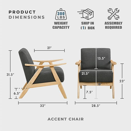 Lexicon Mid Century Modern Accent Chair with Solid Wood Frame in Natural Finish, Textured Fabric Living Room Lounge Arm Chair, Thick and Comfy Innerspring Seat Cushion, Linen-Look Fabric, Dark Gray