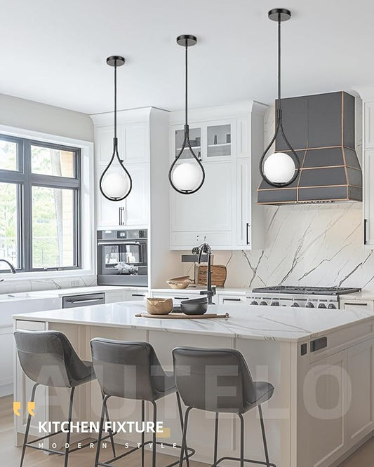 AUTELO 2 Pack Pendant Lights Kitchen Island, Modern Pendant Lights in Black Finish with Milky White Globe Glass, Black Pendant Light Fixtures, 1-Light Hanging Lamp for Kitchen Island H9377 MGBK-2PK