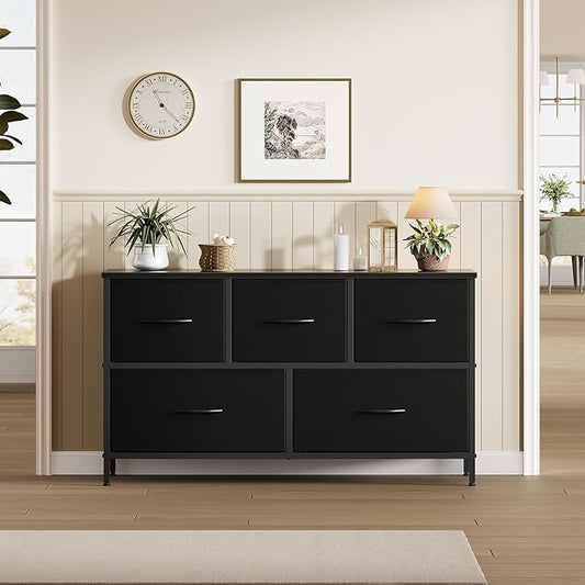 Sweetcrispy Dresser for Bedroom with 5 Storage Drawers, Fabric Storage Tower Organizer, Chest of Drawers with Metal Frame Wooden Top for Closet, Living Room, Entryway, Black