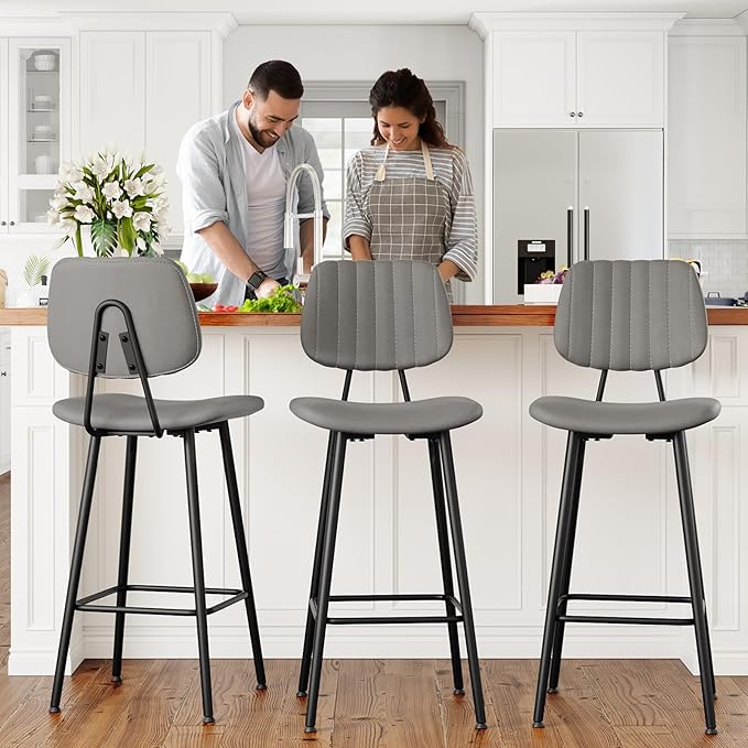 29-Inch Leather Bar Stools Set of 3, Counter Height Barstools with High Backrest,Bar Chairs for Kitchen Island with Heavy Duty Metal Base, Gray
