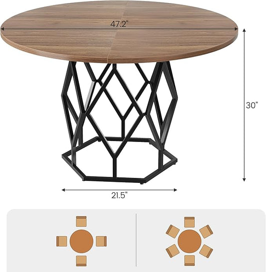 GarveeHome 47-inch Round Dining Table for 4-6 People, Farmhouse Kitchen Table with Diamond Metal Base, Industrial Wood Circle Dinner Table for Dining Room, Kitchen, Living Room, Brown