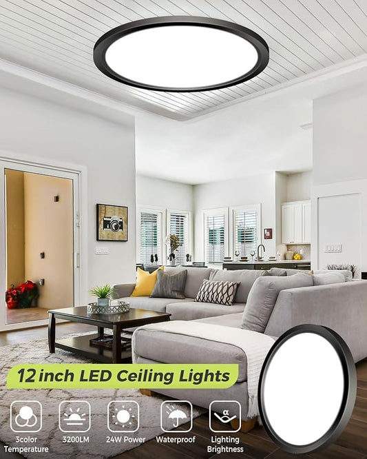 2PACK LED Flush Mount Ceiling Light - 3CCT Selectable 3000K-4000K-6500K & 100W Equivalent Modern Kitchen Recessed Ceiling Lamp 24W 3200Lm 12 Inch for Bathroom Closet Laundry Bedroom Hallway,Black