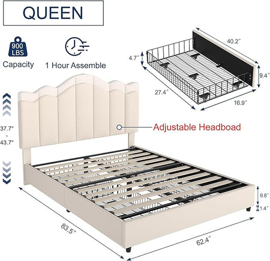 VECELO Queen Size Platform Bed Frame with Type-C & USB Charging Stations/4 Storage Drawers, Upholstered Adjustable Headboard, Strong Wooden Slats Support, No Box Spring Needed, Easy Assembly