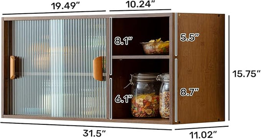 HollyHOME Bamboo Wall Mounted Kitchen Sideboard with 2 Glass Doors and Adjustable Shelves, Freestanding Wall Storage Cabinet with Side Shelf for Bottle, Dish, Bowl, Console Dining Cupboard, Walnut
